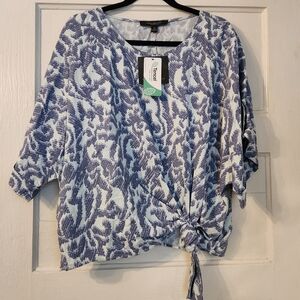 New Marc New York Blouse, Blue White Geo Pattern Tie Front Shirt Sz XL, Flowy